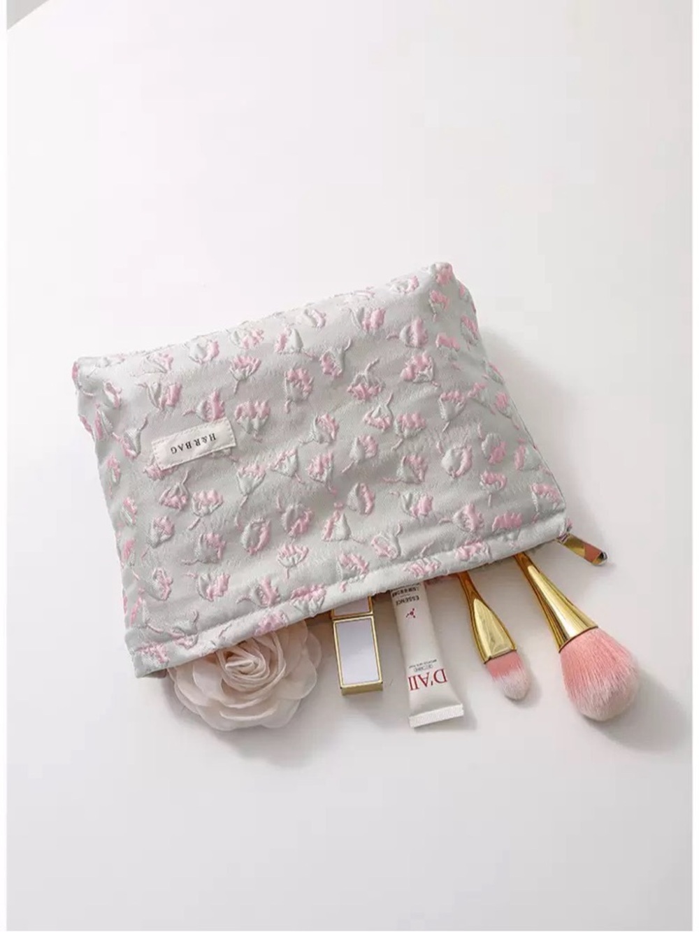 Elegant Pink Floral Embroidered Gray Cosmetic Pouch